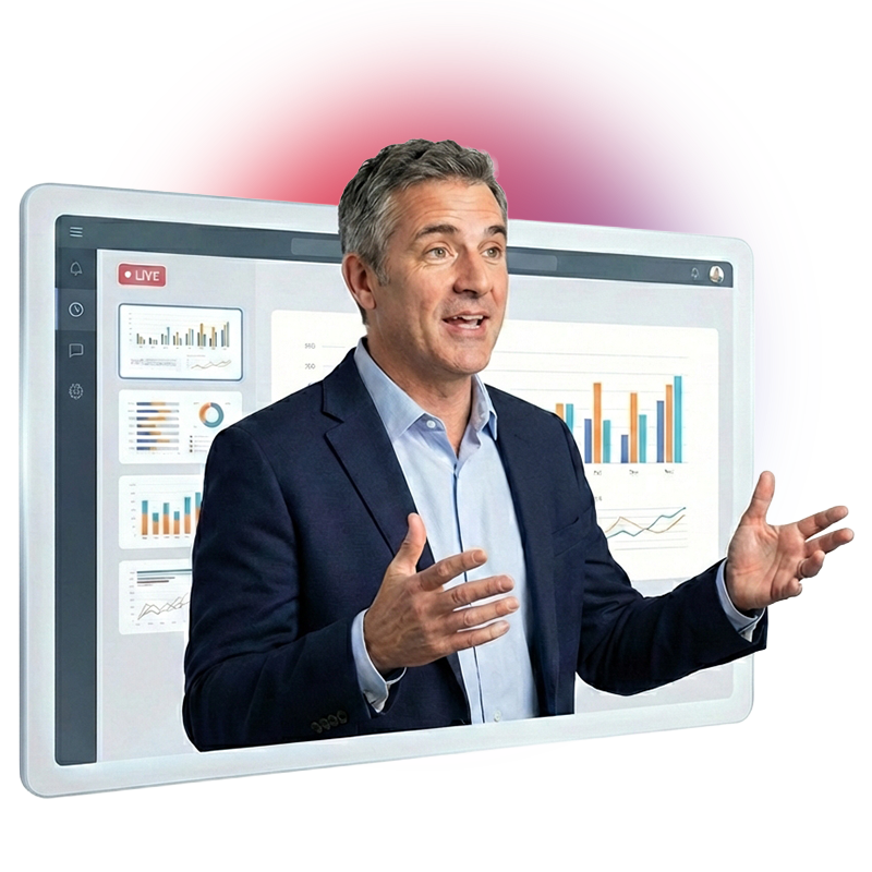 A live educational webinar — the presenter with on-screen data